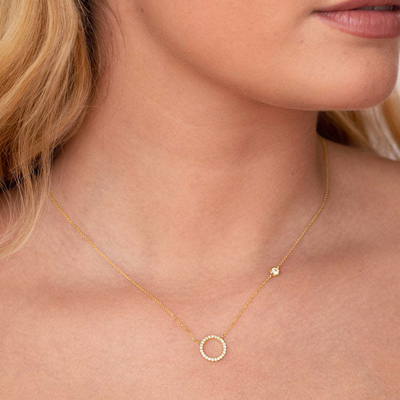 Gold Plated S925 Silver Circle Pendant CZ Necklace for Women 925 Sterling Silver