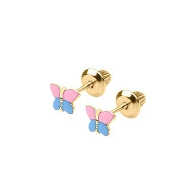 18K Yellow Gold Pink Blue Enamel Butterfly Earrings With E Coating