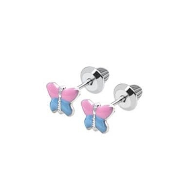 18K Yellow Gold Pink Blue Enamel Butterfly Earrings With E Coating