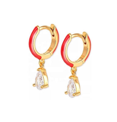 18k Gold-Plated Sterling Silver Earrings with Cubic Zirconia Red Enamel Dangles in Blue and Purple