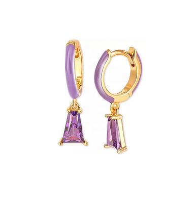 18k Gold-Plated Sterling Silver Earrings with Cubic Zirconia Red Enamel Dangles in Blue and Purple