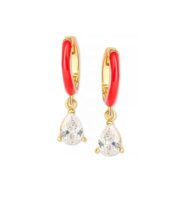 18k Gold-Plated Sterling Silver Earrings with Cubic Zirconia Red Enamel Dangles in Blue and Purple
