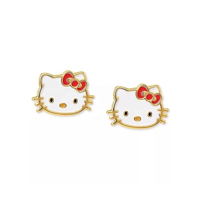 18K Gold Plated Hello Kitty Enamel Stud Earrings for Girls in 925 Sterling Silver