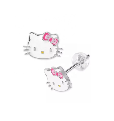 18K Gold Plated Hello Kitty Enamel Stud Earrings for Girls in 925 Sterling Silver