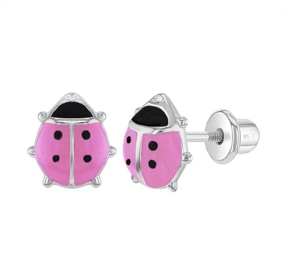 925 Sterling Silver Pink and Black Enamel Ladybug Baby Girls Stud Screw Back Earrings