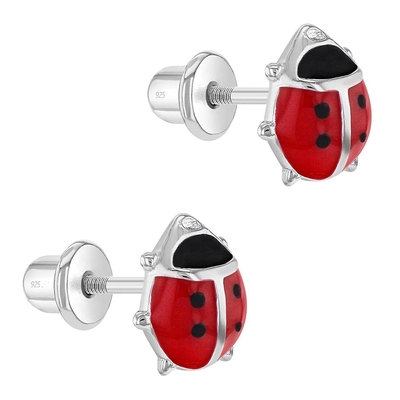 925 Sterling Silver Pink and Black Enamel Ladybug Baby Girls Stud Screw Back Earrings