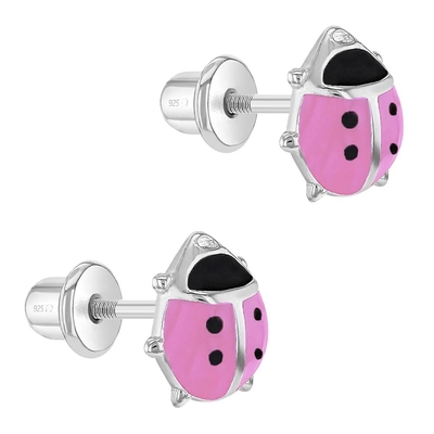 925 Sterling Silver Pink and Black Enamel Ladybug Baby Girls Stud Screw Back Earrings
