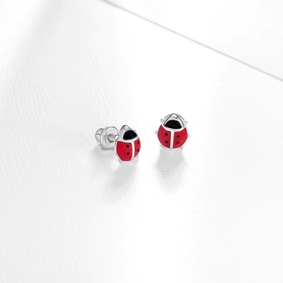925 Sterling Silver Pink and Black Enamel Ladybug Baby Girls Stud Screw Back Earrings