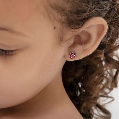925 Sterling Silver Pink and Black Enamel Ladybug Baby Girls Stud Screw Back Earrings