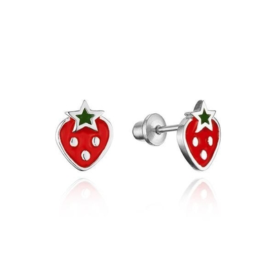 White Gold Plated Strawberry Baby Red and Green Enamel Screw Back Children Earring
