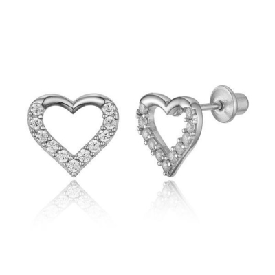 Micro Insert Heart Pink Screw Back Earrings for Children in 925 Sterling Silver