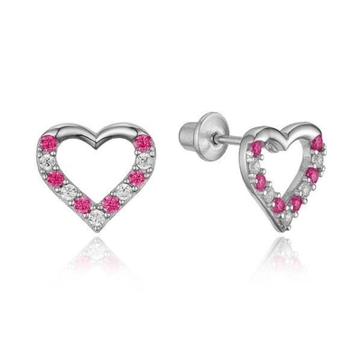 Micro Insert Heart Pink Screw Back Earrings for Children in 925 Sterling Silver
