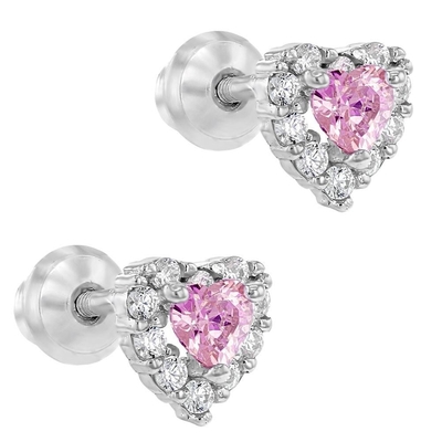 Rose Gold Plated Heart Pink CZ Screw Back Stud Earrings for Kids in 925 Sterling Silver