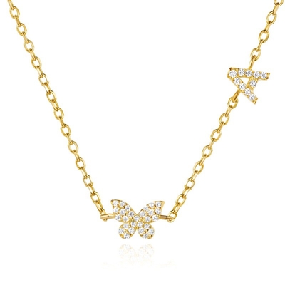 Necklace Mini 18K Gold White Micron Pave CZ Butterfly 925 Sterling Silver Pendant