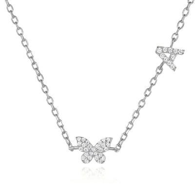 Necklace Mini 18K Gold White Micron Pave CZ Butterfly 925 Sterling Silver Pendant