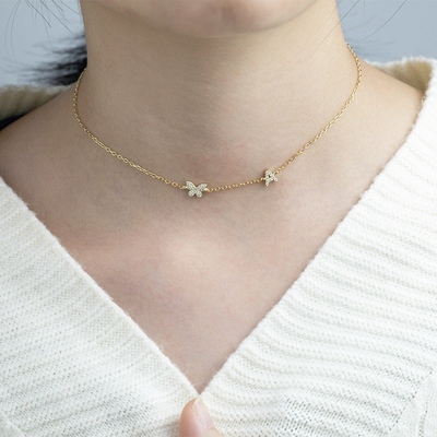 Necklace Mini 18K Gold White Micron Pave CZ Butterfly 925 Sterling Silver Pendant