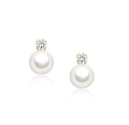 Kids Jewelry Pearl Drop Earrings with Screw Back and White CZ in 925 Sterling Silver