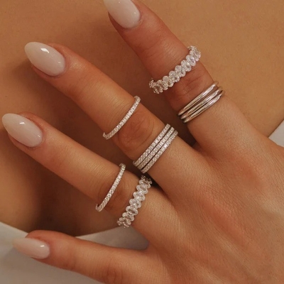 18K Gold Plated Stacking Wedding Eternity Band Ring for Women 925 Sterling Silver Set
