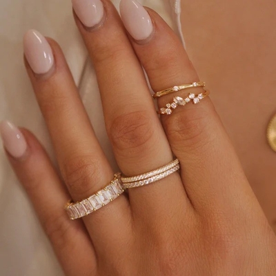 18K Gold Plated Stacking Wedding Eternity Band Ring for Women 925 Sterling Silver Set