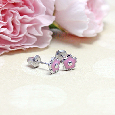 Cute Trendy Pink Flower Enamel Screw Back Earring Adorable 925 Sterling Silver Design
