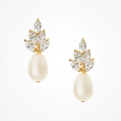 18K Gold Plated Leaf Bridal Earrings White Pearls Leaf Earrings Wedding