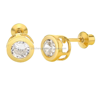 Handmade 4mm Clear CZ Gold Plated Stud Earrings for Baby Children 925 Silver Jewelry