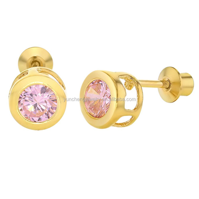 Handmade 4mm Clear CZ Gold Plated Stud Earrings for Baby Children 925 Silver Jewelry