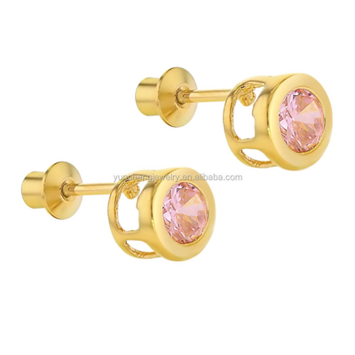 Handmade 4mm Clear CZ Gold Plated Stud Earrings for Baby Children 925 Silver Jewelry