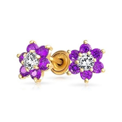 Flower Amethyst CZ Birthstone Baby Girls 925 Sterling Silver Screw Back Stud Earrings