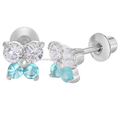 Butterfly Blue and Clearly CZ Children's Customized Stud Earrings 925 Sterling Silver