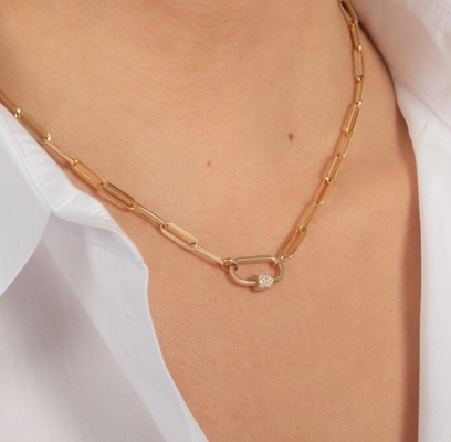 18K Gold Plated Large Paper Clip 925 Sterling Silver Oval Chain Necklace with OEM