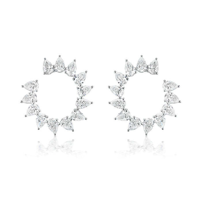 Unique Tear Drop Cut CZ Stud Earrings in Rhodium Plated Half Circle Shape for Women