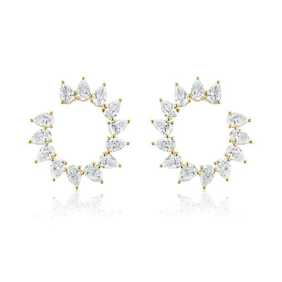 Unique Tear Drop Cut CZ Stud Earrings in Rhodium Plated Half Circle Shape for Women