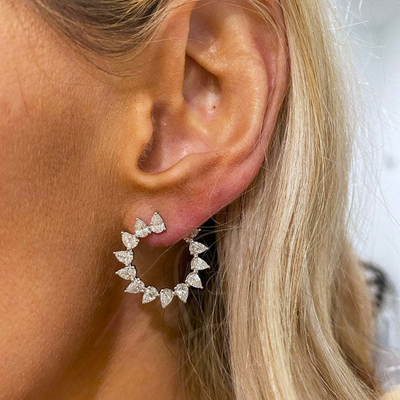 Unique Tear Drop Cut CZ Stud Earrings in Rhodium Plated Half Circle Shape for Women