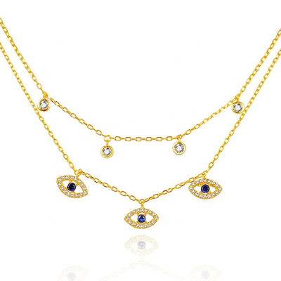 Double Layer Evil Eye Bezel Set Diamond Necklace Women Bezel Set Pendants