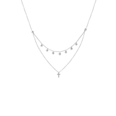 Two Layer Bezel Set Diamond Cross Pendant Rhodium Gold Plated Chain Necklace