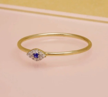Classic Style Mini Pave Ring with Diamond Eye and Blue Sapphire in 925 Sterling Silver