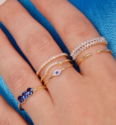 Classic Style Mini Pave Ring with Diamond Eye and Blue Sapphire in 925 Sterling Silver