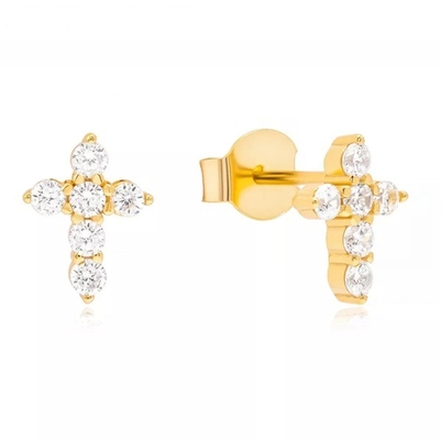 18K Gold Plated Micron Pave Cross Stud Earring in 925 Sterling Silver for Girls