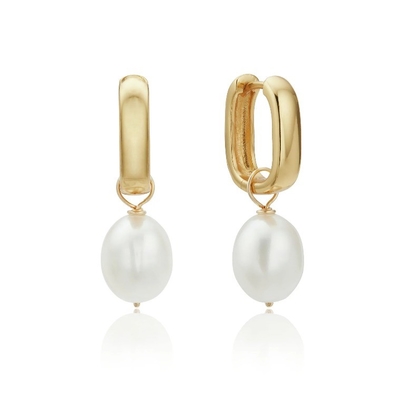 S925 Silver Thick Squared Hoop Freshwater Pearl Drop Earrings OEM