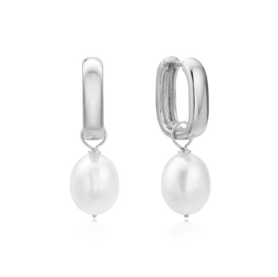 S925 Silver Thick Squared Hoop Freshwater Pearl Drop Earrings OEM