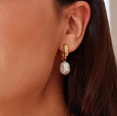 S925 Silver Thick Squared Hoop Freshwater Pearl Drop Earrings OEM