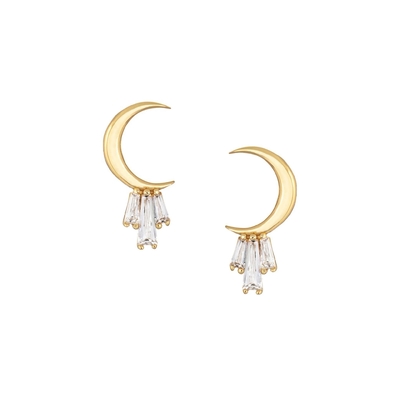 18K Gold Plated 925 Sterling Silver Baguette Moon Stud Earrings for Women AAA CZ Stone