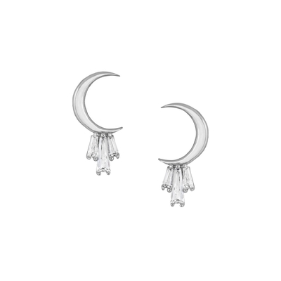 18K Gold Plated 925 Sterling Silver Baguette Moon Stud Earrings for Women AAA CZ Stone