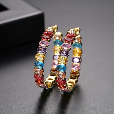Colorful Brazilian 18K Gold Hoop Earrings Oval Cut Brass Earrings Hoops