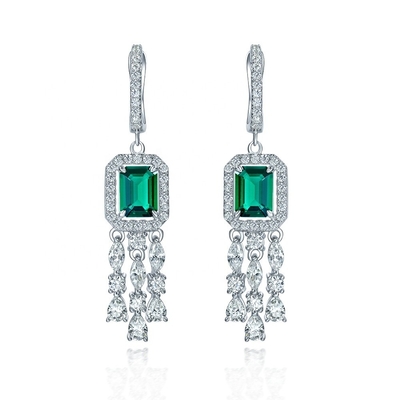 Real Sterling Silver 925 Green Baguette CZ Diamond Long Hoop Earrings for Unisex Wear