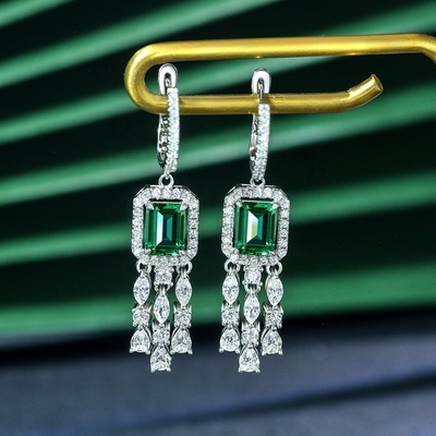 Real Sterling Silver 925 Green Baguette CZ Diamond Long Hoop Earrings for Unisex Wear
