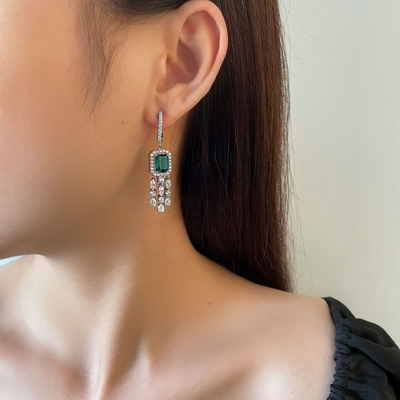 Real Sterling Silver 925 Green Baguette CZ Diamond Long Hoop Earrings for Unisex Wear