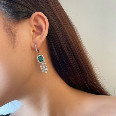 Real Sterling Silver 925 Green Baguette CZ Diamond Long Hoop Earrings for Unisex Wear