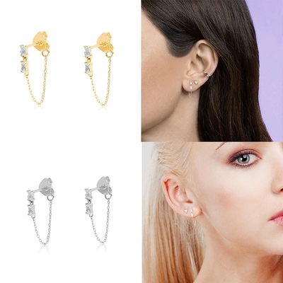 Sales Baguette Cubic Zircon Threader Stud Earring Jewelry 925 Sterling Silver for Women